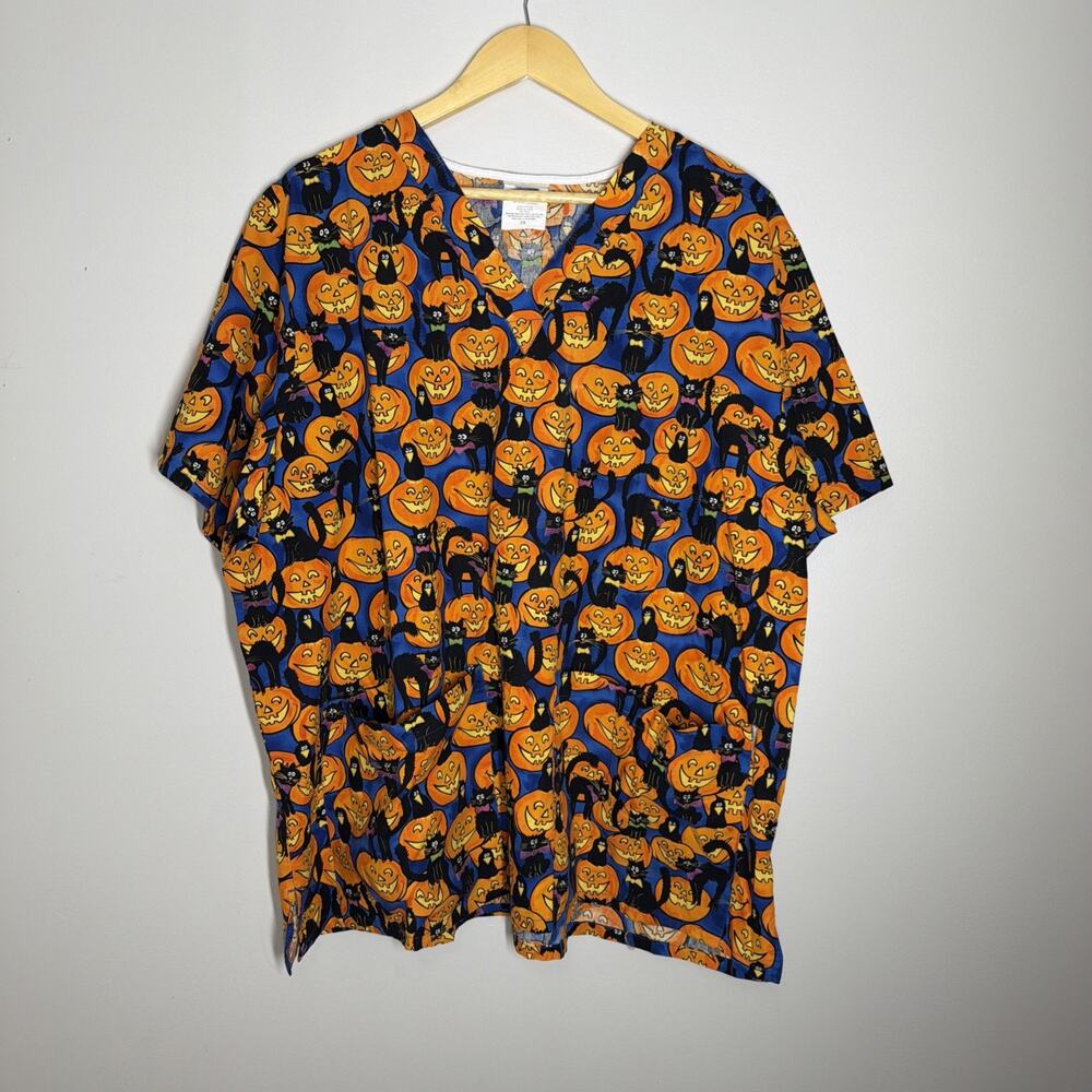 Tafford Halloween Jack O Lantern Black Cat Pumpkins Scrub Top 2X Scrubs